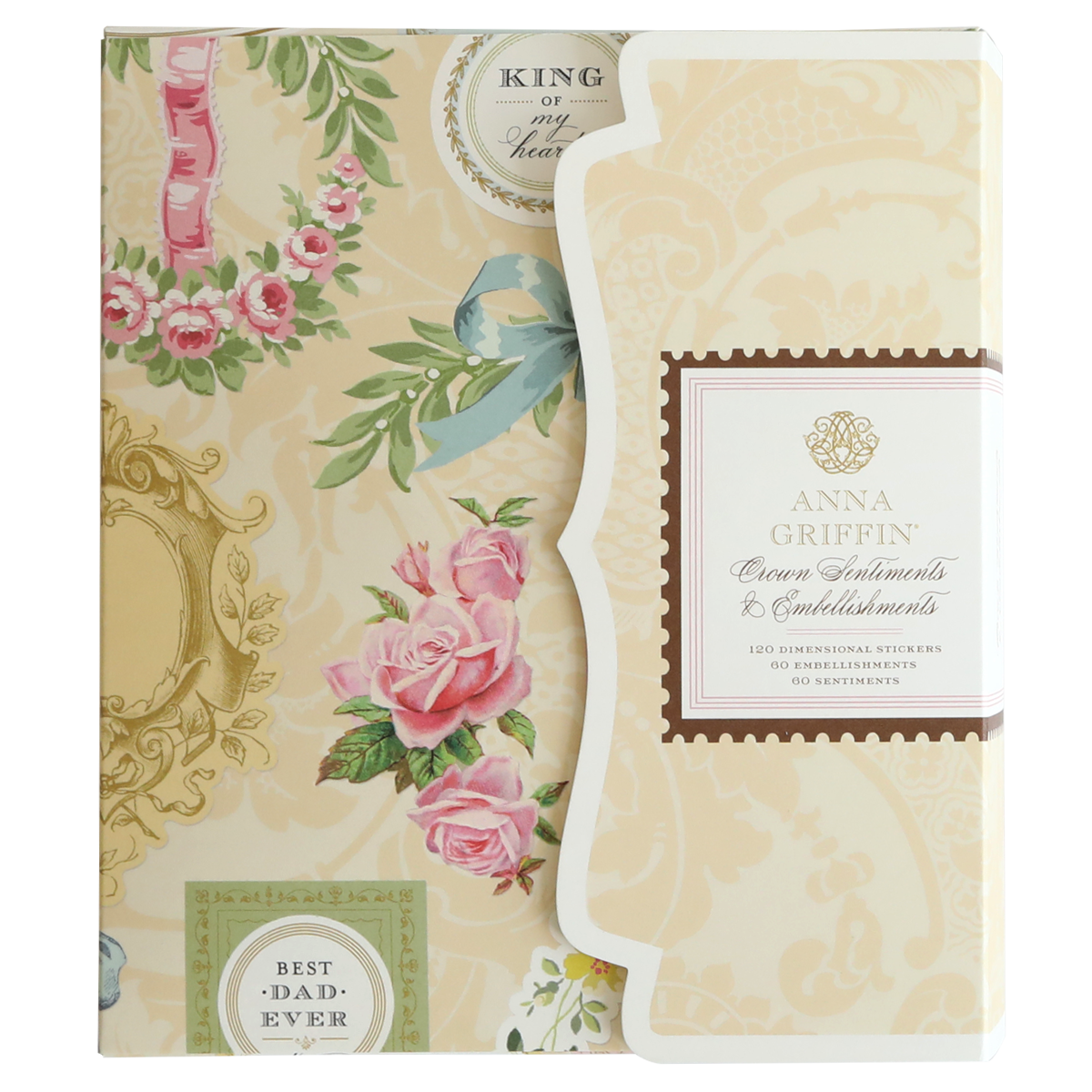 The "Crown Sentiments and Embellishments" box features floral patterns, a bird, ornate designs, and gold foil accents on a beige background for an elegant decorative touch.