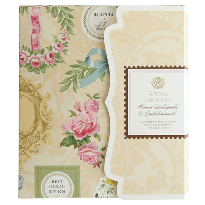 The "Crown Sentiments and Embellishments" box features floral patterns, a bird, ornate designs, and gold foil accents on a beige background for an elegant decorative touch.