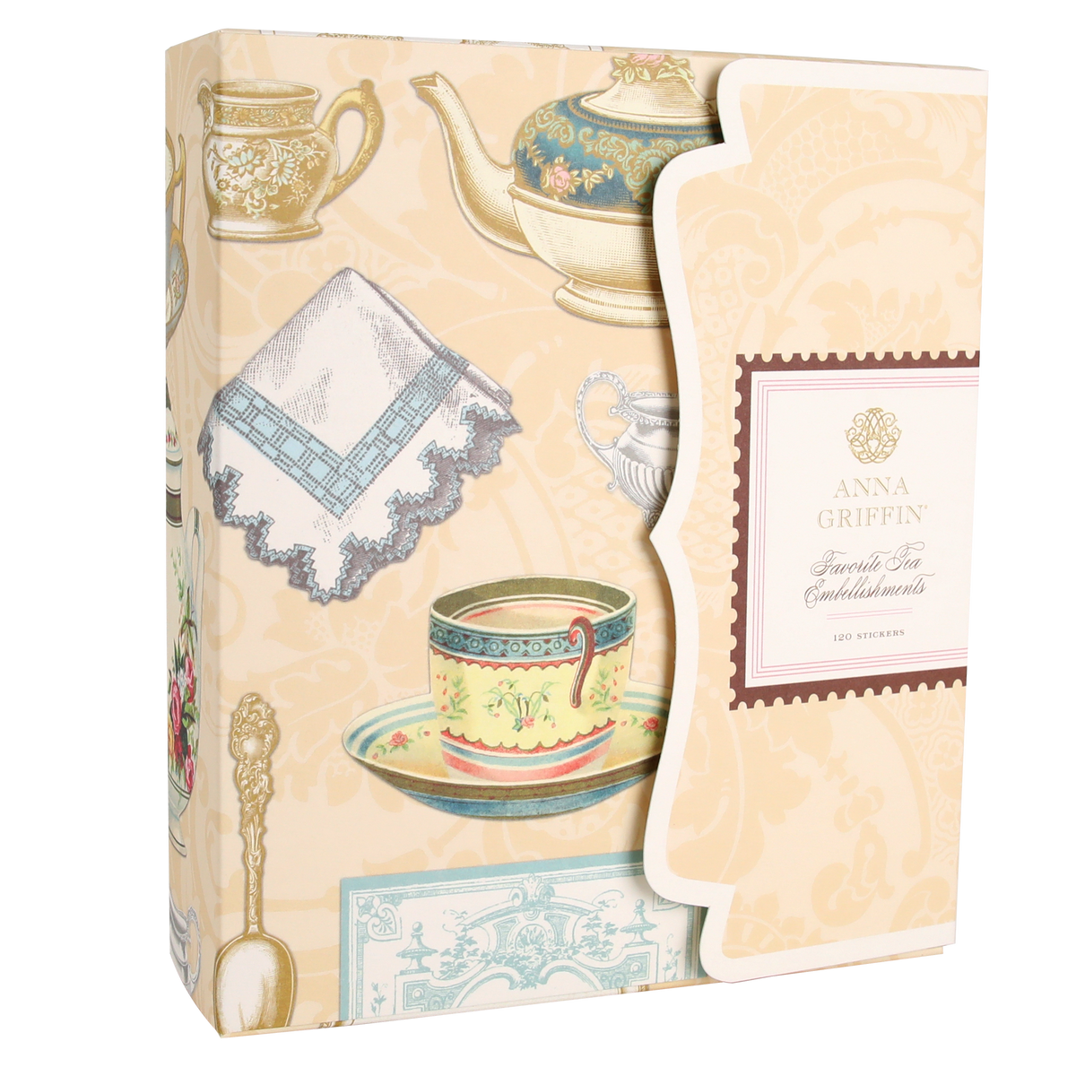 Box featuring vintage tea set illustrations and labeled “Favorite Tea Embellishments 120 Count” on a scalloped flap, set on a cream-colored background with tea-themed artwork—ideal for adding handmade card embellishments or antique-style tea stickers to your creative projects.