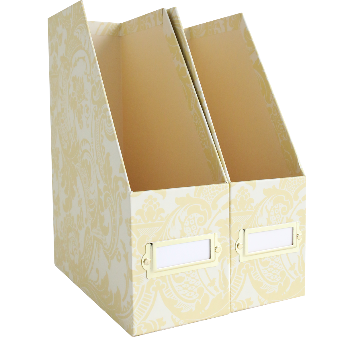 Set of 2 Die Storage Boxes in an ivory damask pattern, each with label slots on the front, ideal for organizing die storage or magnetic sheets, shown side by side on a white background.