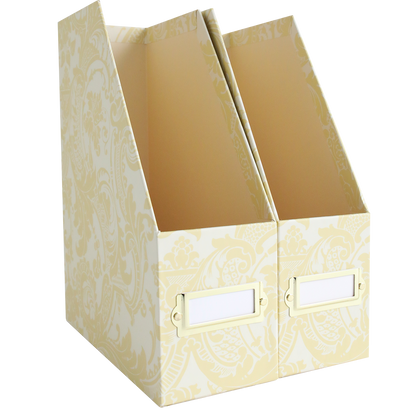 Set of 2 Die Storage Boxes in an ivory damask pattern, each with label slots on the front, ideal for organizing die storage or magnetic sheets, shown side by side on a white background.