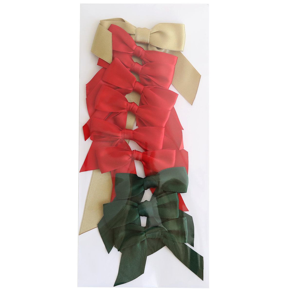Eight Medium Pre-Tied Christmas Bows—two gold on top, four red in the middle, and two green at the bottom—bring festive color to any décor, all presented vertically on a white background.