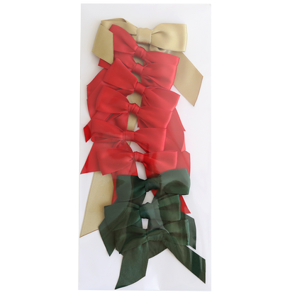 Eight Medium Pre-Tied Christmas Bows—two gold on top, four red in the middle, and two green at the bottom—bring festive color to any décor, all presented vertically on a white background.