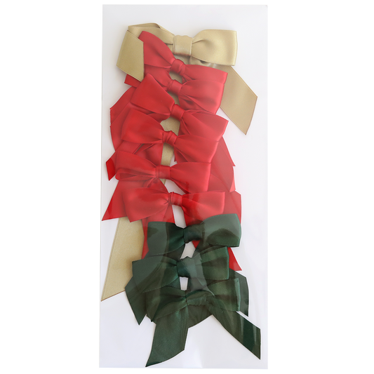 Eight Medium Pre-Tied Christmas Bows—two gold on top, four red in the middle, and two green at the bottom—bring festive color to any décor, all presented vertically on a white background.