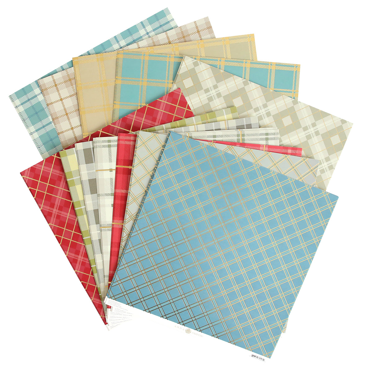 A bunch of Fall Plaid 12x12 Cardstock papers, resembling a plaid flannel pattern, on a white background from Anna Griffin.