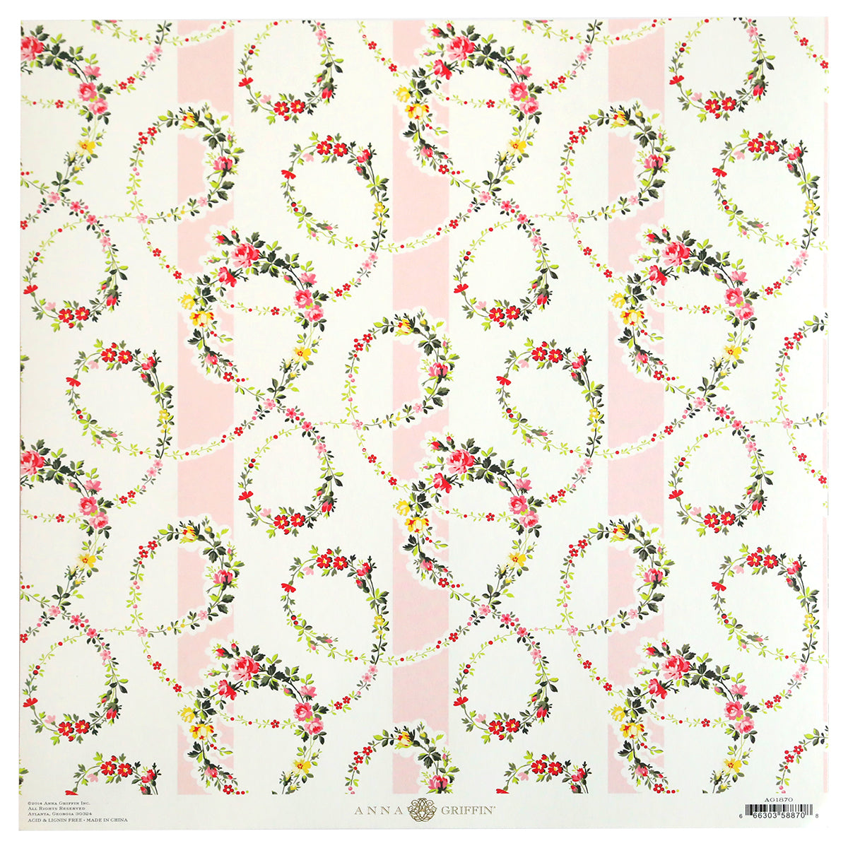 The Classic 12x12 Cardstock showcases a geometric arrangement of floral wreath designs interspersed with pink stripes on a white background, making it perfect for scrapbooks.