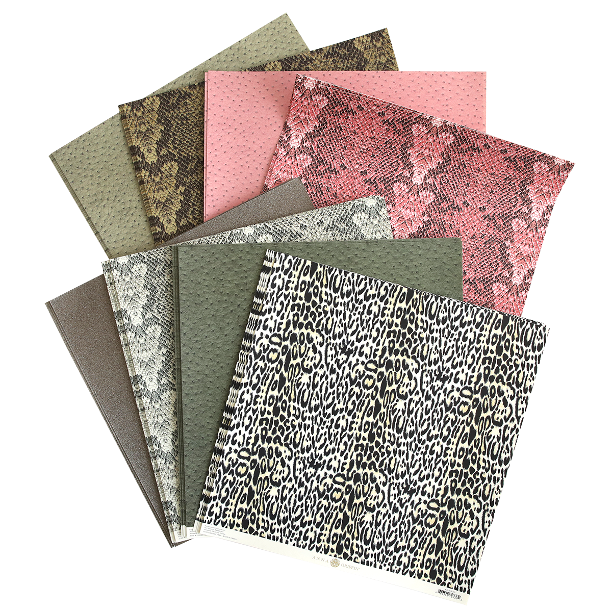 An assortment of textured Animal Print 12x12 cardstock with various designs for papercraft projects.