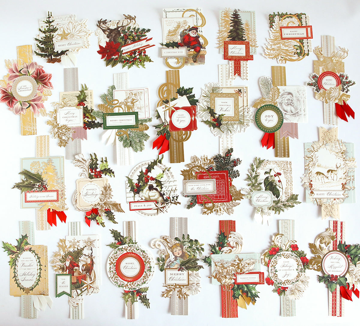 Celebrate the holidays with the Christmas Engravings Cards and Toppers Bundle—a set of 24 handmade cards arranged in a grid, each adorned with festive motifs, greenery, and layered toppers in elegant red, green, gold, and cream hues—ideal for adding a personalized touch to your holiday stationery.