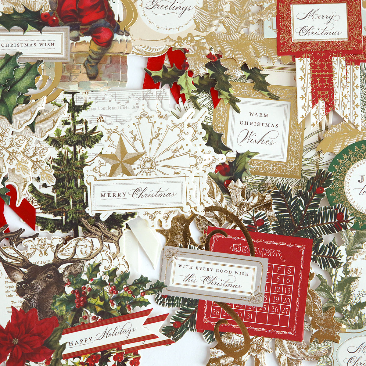 A festive set of Christmas Engravings Collage Card Toppers featuring ornate handmade designs, gold accents, holly, a reindeer, a red December calendar, and cheerful holiday wishes.