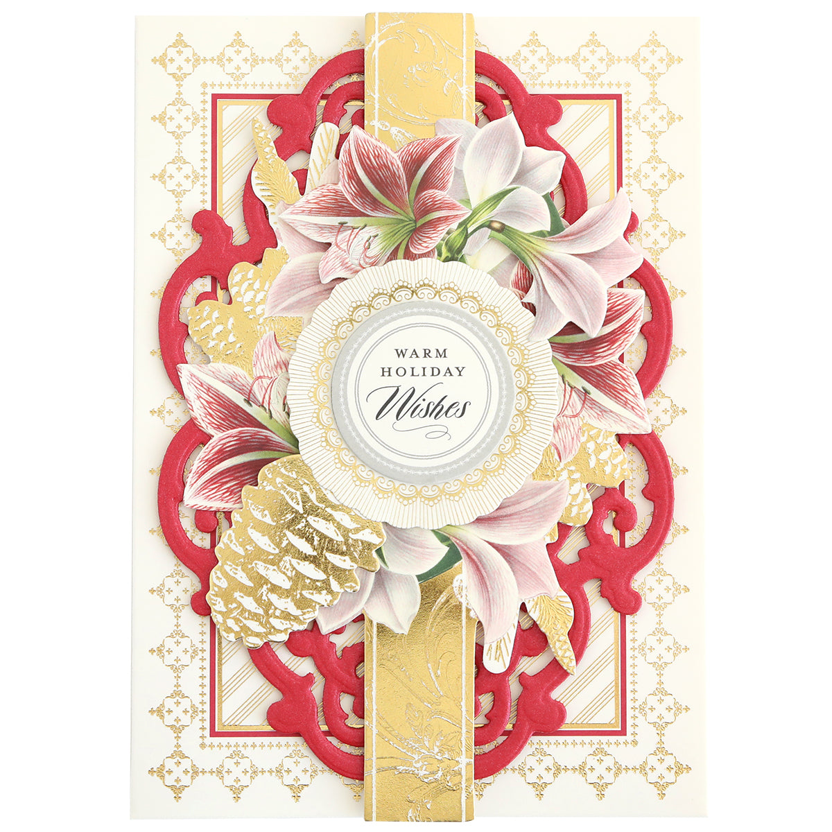 The Christmas Engravings Collage Card Toppers adorn this greeting card with red, gold, and cream designs featuring flowers, pinecones, and a central message that reads “Warm Holiday Wishes.” Expertly crafted as one of our handmade Christmas cards, these intricate cardstock toppers add an elegant touch to your holiday greetings.