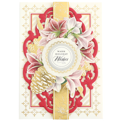 The Christmas Engravings Cards and Toppers Bundle features decorative holiday cards with gold and red ornate borders, white flowers, pinecones, and a central message that reads “Warm Holiday Wishes.” This bundle is perfect for creating elegant holiday stationery or adding a charming touch as card toppers to your Christmas cards.