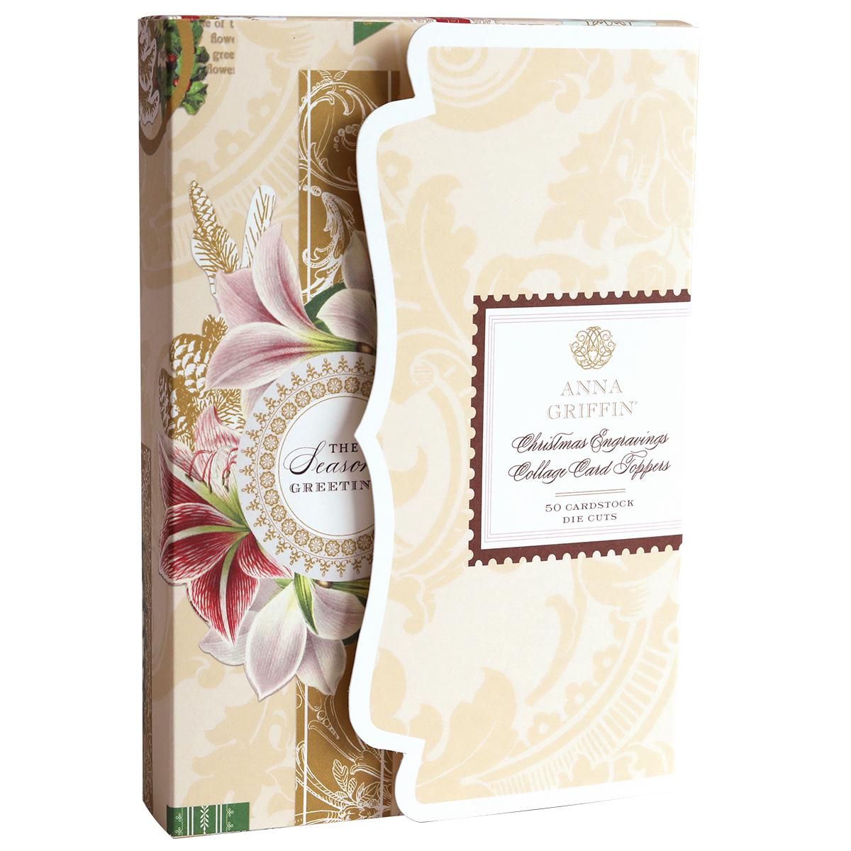 A box of Christmas Engravings Collage Card Toppers, showcasing ornate floral and gold accents, with a partially open flap that reveals the elegant card toppers inside—ideal for crafting handmade Christmas cards with luxurious cardstock embellishments.