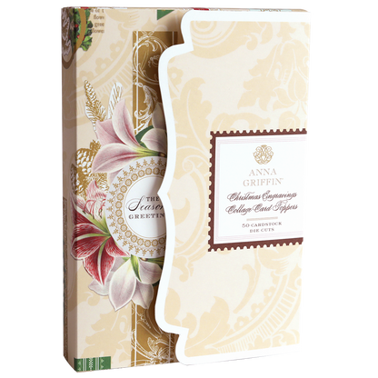 A box of Christmas Engravings Collage Card Toppers, showcasing ornate floral and gold accents, with a partially open flap that reveals the elegant card toppers inside—ideal for crafting handmade Christmas cards with luxurious cardstock embellishments.