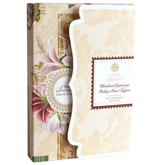 A box of Christmas Engravings Collage Card Toppers, showcasing ornate floral and gold accents, with a partially open flap that reveals the elegant card toppers inside—ideal for crafting handmade Christmas cards with luxurious cardstock embellishments.