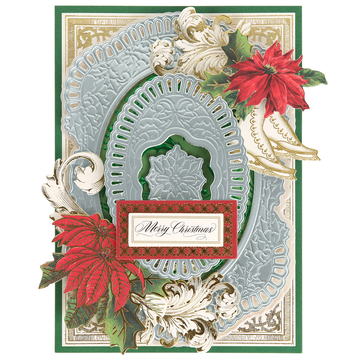 Handcrafted Christmas card featuring layered designs made with the Ice Blue Foil Cardstock Bundle and premium papercraft cardstock, adorned with red poinsettias on a green background, and finished with a central "Merry Christmas" greeting.