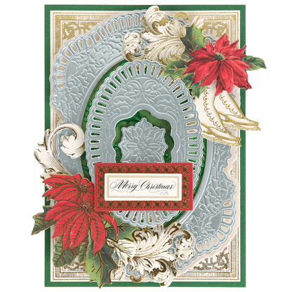 Handcrafted Christmas card featuring layered designs made with the Ice Blue Foil Cardstock Bundle and premium papercraft cardstock, adorned with red poinsettias on a green background, and finished with a central "Merry Christmas" greeting.