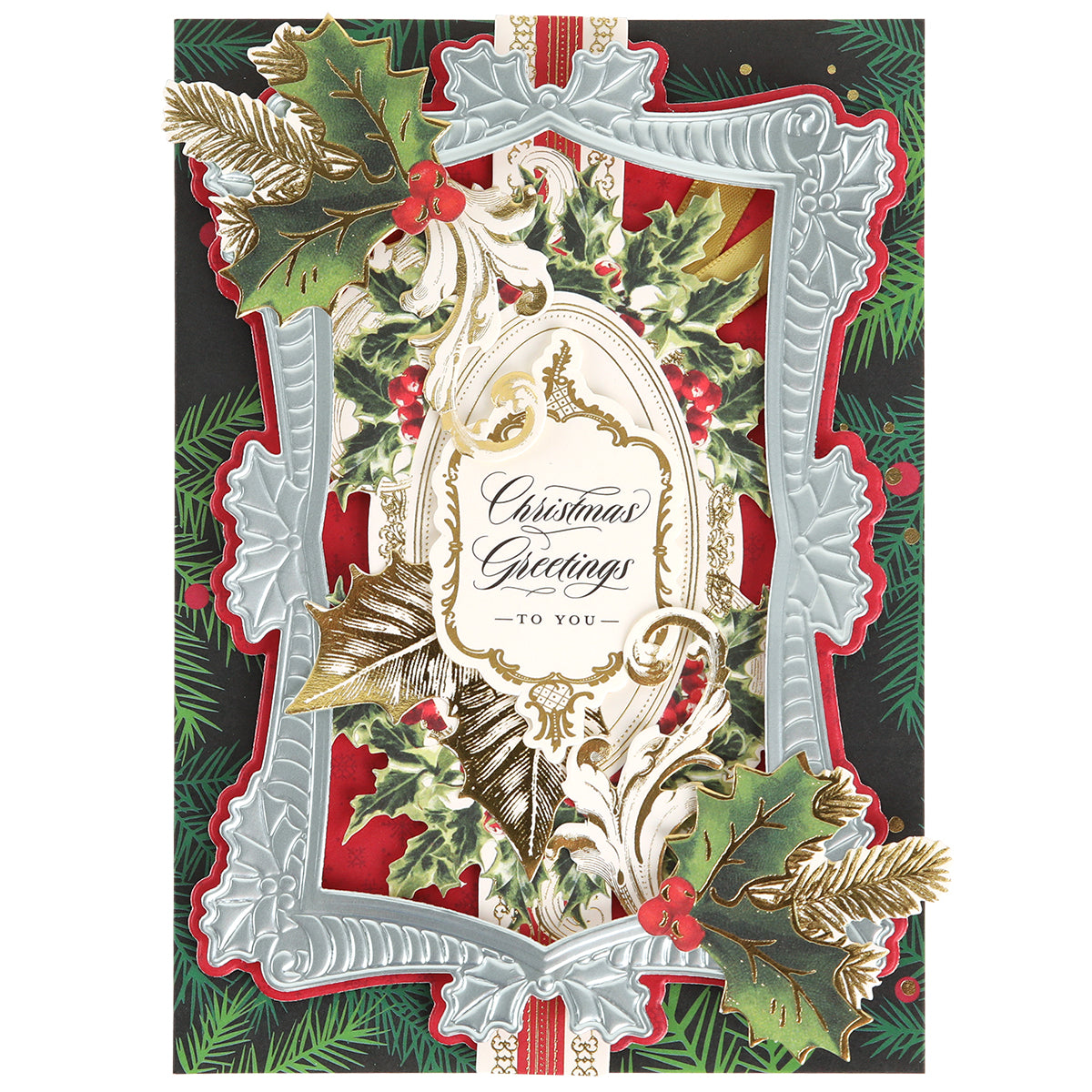 Ornate Christmas card crafted with Ice Blue Foil Cardstock Bundle, adorned with holly, gold accents, and a silver frame, reads "Christmas Greetings to you" on a red and green festive background.