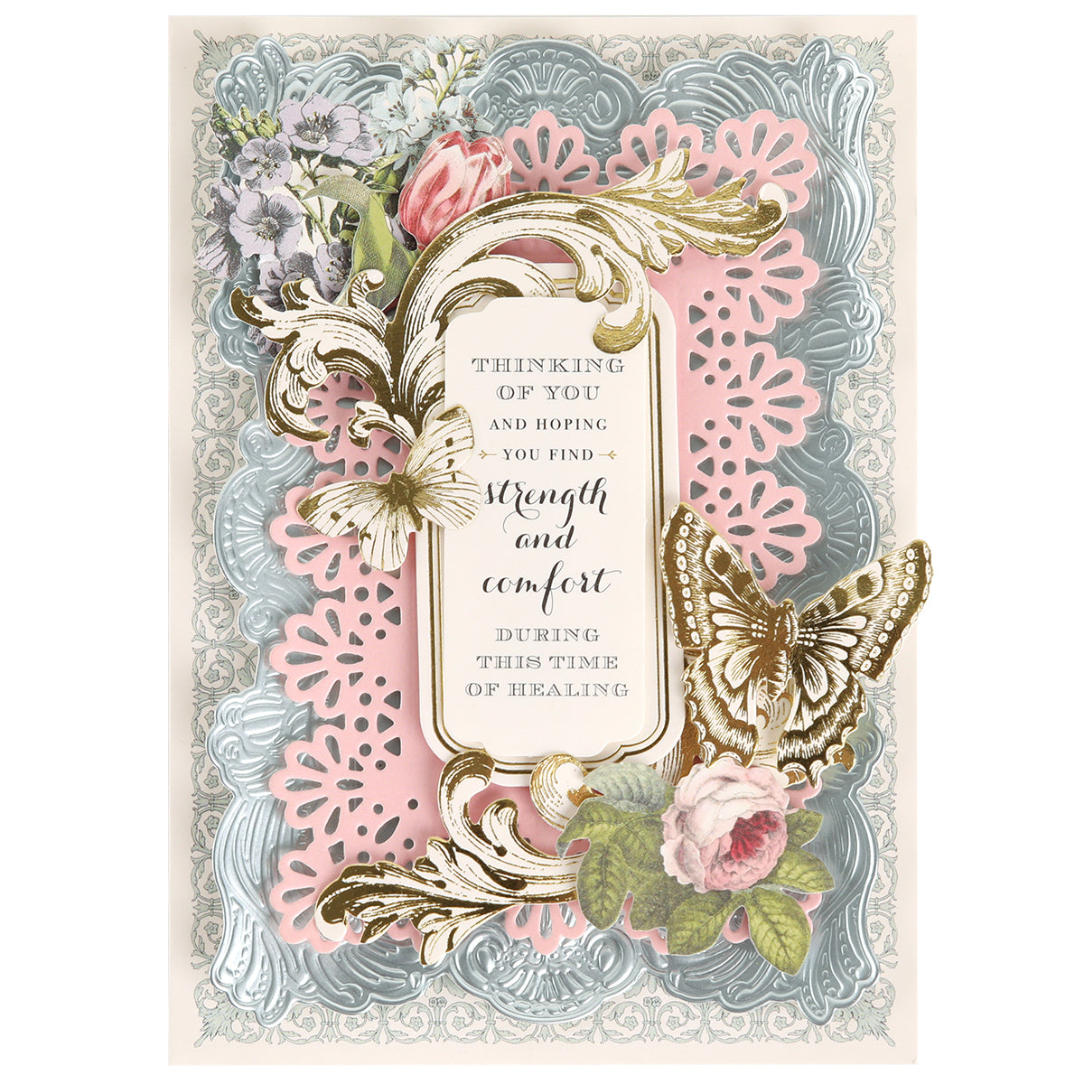 Ice Blue Foil Cardstock Bundle decorative card featuring floral and butterfly designs, ornate foil accents crafted from premium Ice Blue Foil Cardstock, and a heartfelt message offering strength and comfort during healing.