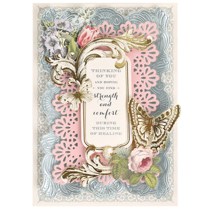 Ice Blue Foil Cardstock Bundle decorative card featuring floral and butterfly designs, ornate foil accents crafted from premium Ice Blue Foil Cardstock, and a heartfelt message offering strength and comfort during healing.