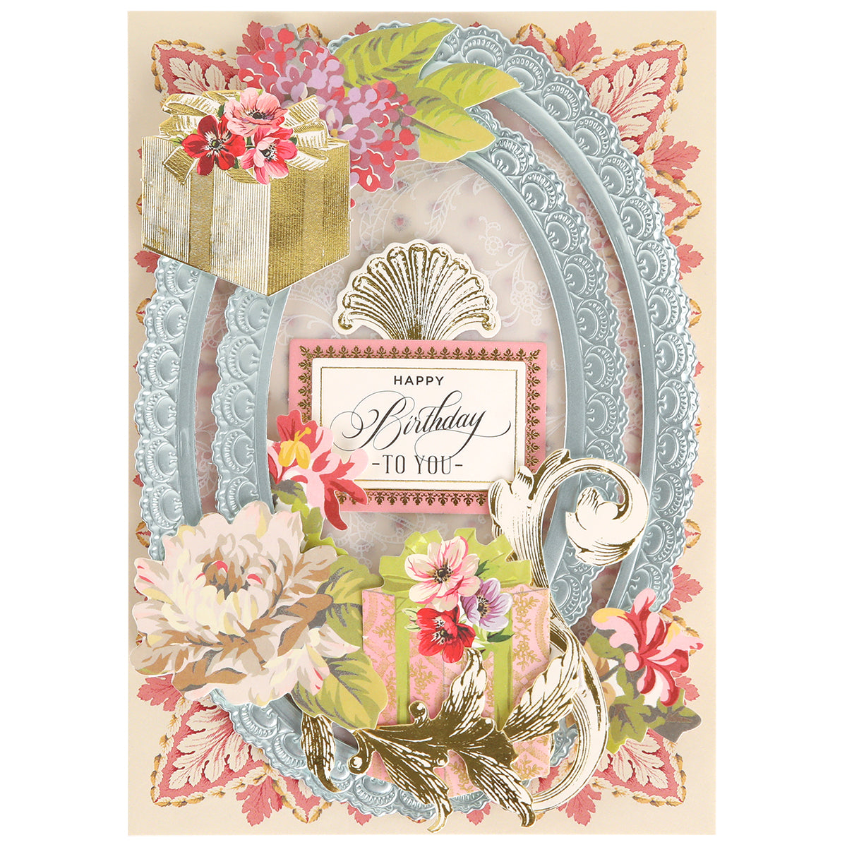 Introducing the Ice Blue Foil Cardstock Bundle: an elegant birthday card adorned with ornate floral designs, pastel blue lace patterns, gold accents, and delightful gift illustrations surrounding a central "Happy Birthday to You" message. Crafted from luxury Ice Blue Foil Cardstock and premium papercraft cardstock, this sophisticated card showcases a charming mix of shiny foil and matte finishes for an exquisite touch.