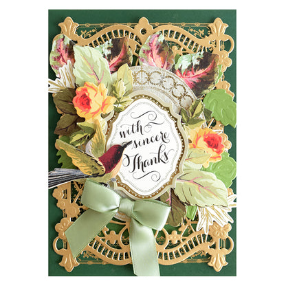 Greeting card adorned with an ornate gold border, green ribbon bow, autumn-inspired floral and leaf decorations, a charming bird illustration, and the sentiment “with sincere Thanks” at the center. Completed with Foliage Stickers and 3D embellishments for enhanced dimension and appeal.