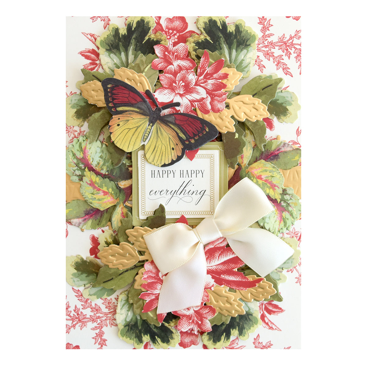 Adorned with intricate floral patterns, gold leaves, and delightful 3D embellishments, this card features charming Foliage Stickers alongside a delicate butterfly illustration and a crisp white bow. The center text reads “HAPPY HAPPY everything.”, making it an ideal choice for celebrating the joys of Autumn.