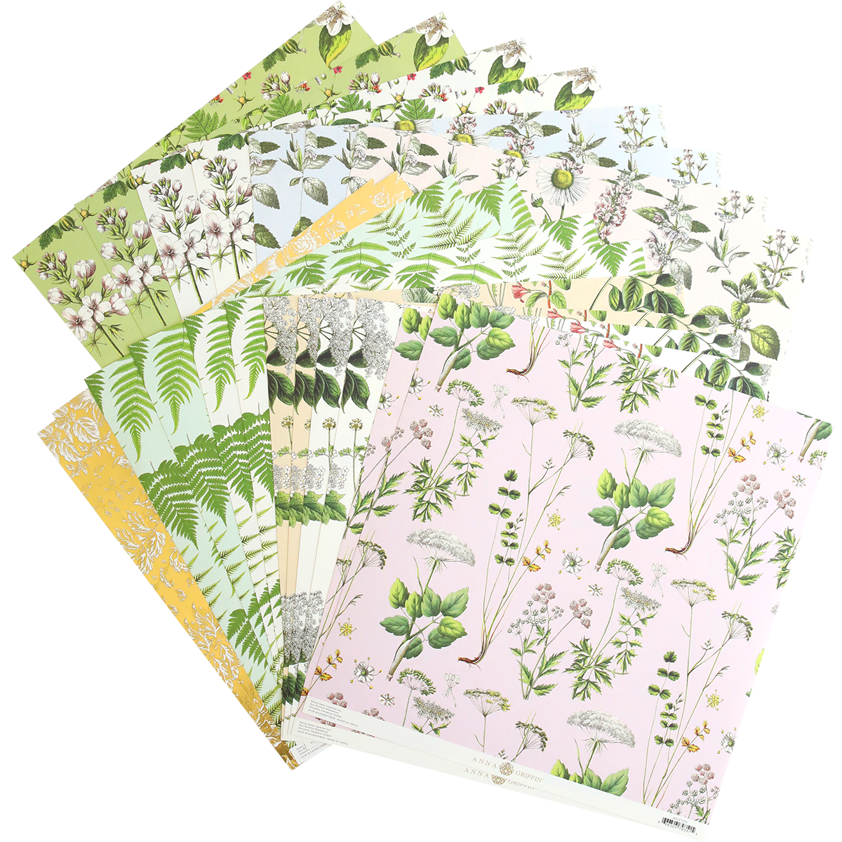 Botanical 12x12 Cardstock arranged in a fan shape, featuring green and pink antique-inspired floral designs.