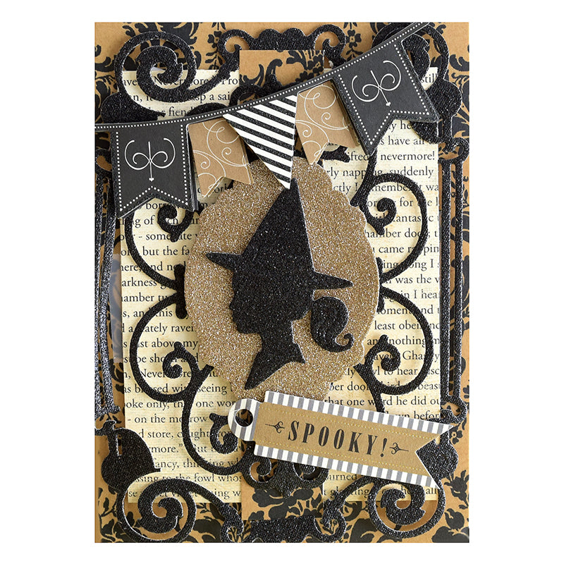 Introducing the Haunted Halloween Haul: a handmade Halloween card featuring a glittery witch silhouette crafted from premium glitter cardstock, set within an ornate black frame. The design is accented by a “SPOOKY!” banner, vintage book text background, and decorative black-and-white flags—an ideal pick for fans of unique Halloween craft supplies.