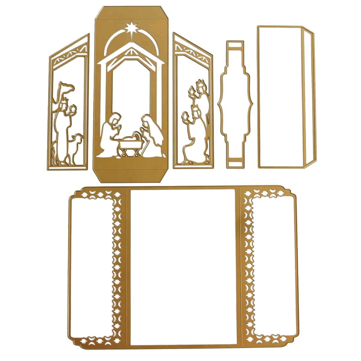 Nativity Scenes Die Set Collection metal craft dies for creating a nativity scene, featuring rectangular panels with cutout silhouettes of the Holy Family and wise men, plus decorative borders.