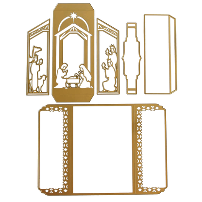 Nativity Scenes Die Set Collection metal craft dies for creating a nativity scene, featuring rectangular panels with cutout silhouettes of the Holy Family and wise men, plus decorative borders.
