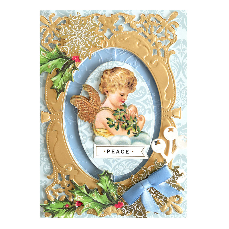 120 Angelic Stickers feature designs of angels with greenery, holly leaves, white flowers, blue ribbons, and gold ornate frames. The word "PEACE" shines in the center—an inspirational choice for holiday crafts and decorations.