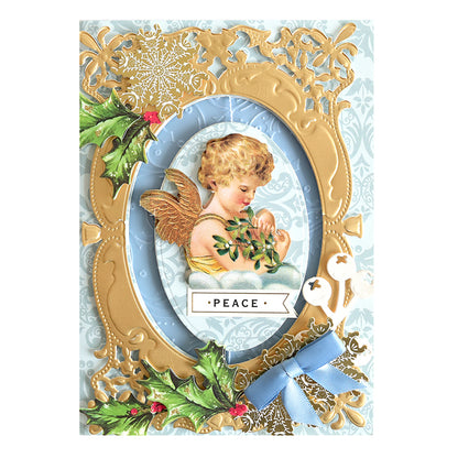 120 Angelic Stickers feature designs of angels with greenery, holly leaves, white flowers, blue ribbons, and gold ornate frames. The word "PEACE" shines in the center—an inspirational choice for holiday crafts and decorations.