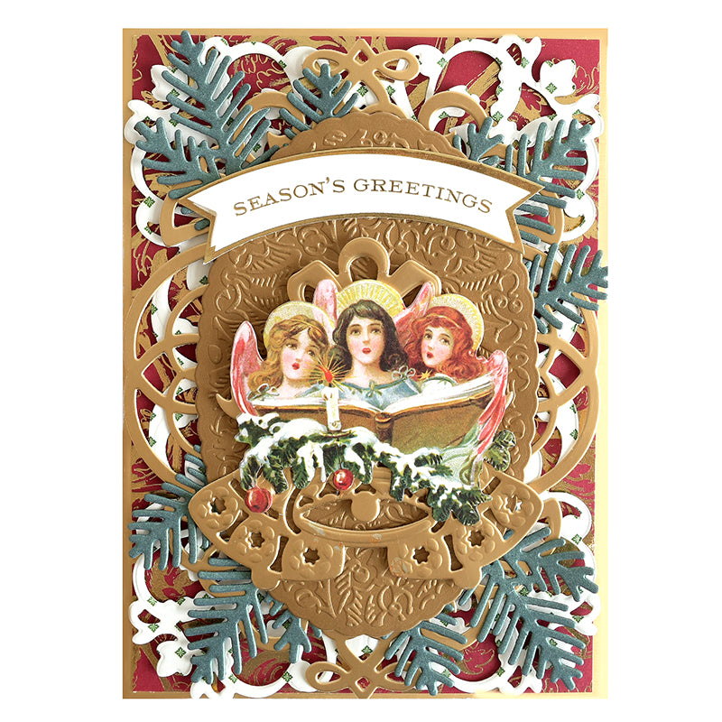 Add inspiration to your holiday season with the Vintage-style Holiday Card featuring three angels singing, ornate gold and white border, green pine branches, and a banner reading "Season's Greetings." Includes 120 Angelic Stickers.