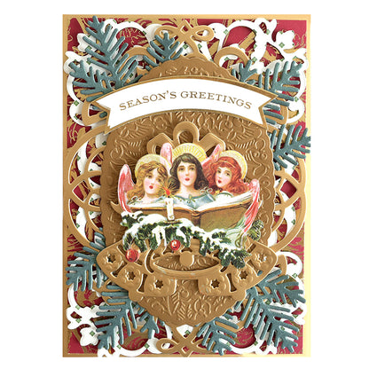 Add inspiration to your holiday season with the Vintage-style Holiday Card featuring three angels singing, ornate gold and white border, green pine branches, and a banner reading "Season's Greetings." Includes 120 Angelic Stickers.