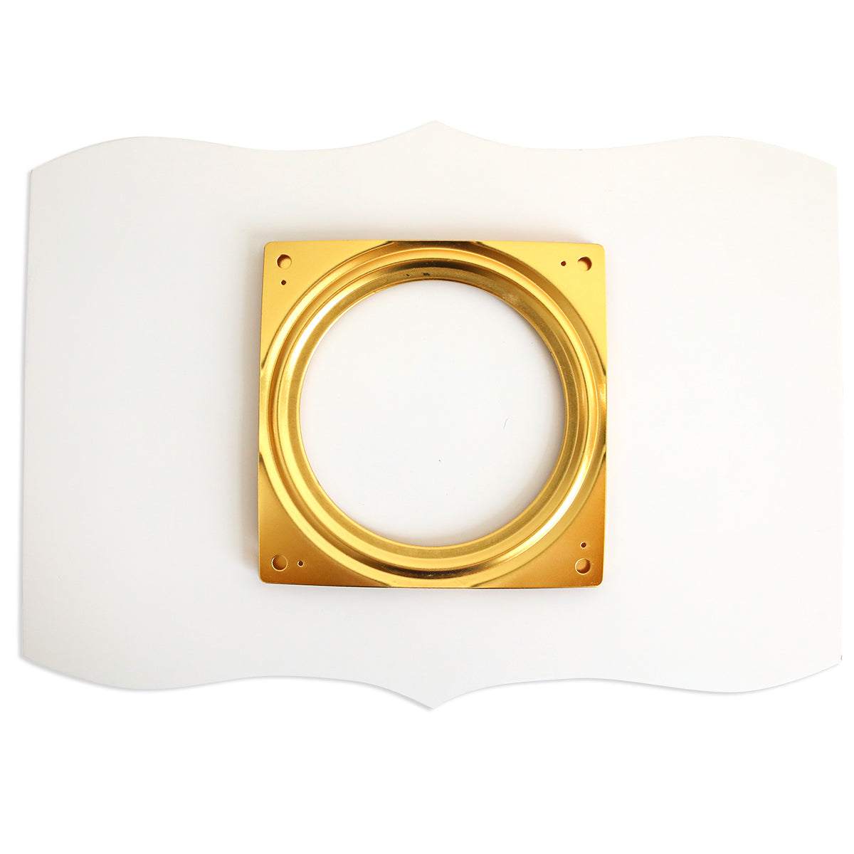 A square gold metal ring on a wavy-edged white background brings the Empress Lazy Susan's elegance to your table, ideal for accenting plate storage or enhancing an ivory turntable display.