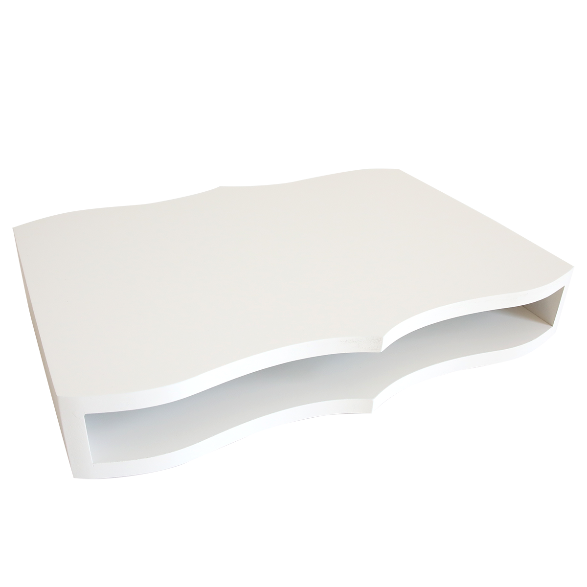 The Empress Lazy Susan is a white, rectangular table with wavy edges and an open shelf for plate storage beneath the tabletop, displayed against a plain white background.