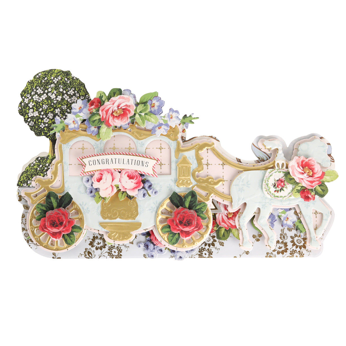 Create a stunning die-cut card shaped like a horse-drawn carriage adorned with flowers and “Congratulations,” highlighted by gold and pastel accents—an ideal project for wedding cards using the Carriage Slimline Easel Card Dies.