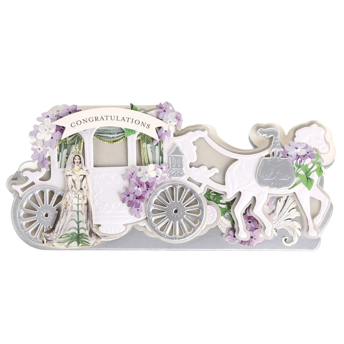 A beautiful white horse-drawn carriage adorned with flowers and a “Congratulations” banner—complete with a bride inside—serves as the perfect inspiration for wedding card creations using the Carriage Slimline Easel Card Dies.