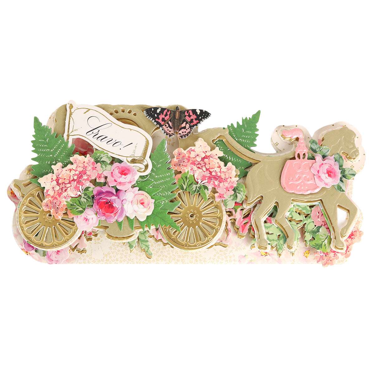Elevate your wedding card creations with the Carriage Slimline Easel Card Dies—the perfect choice for elegant handmade touches. This decorative design showcases a gold carriage adorned with pink flowers, a butterfly, and a dog holding a pink bag. Accented by a “Bravo!” sign nestled among florals, it pairs beautifully with the Carriage Ride die set or as an easel card to create charming, memorable keepsakes.