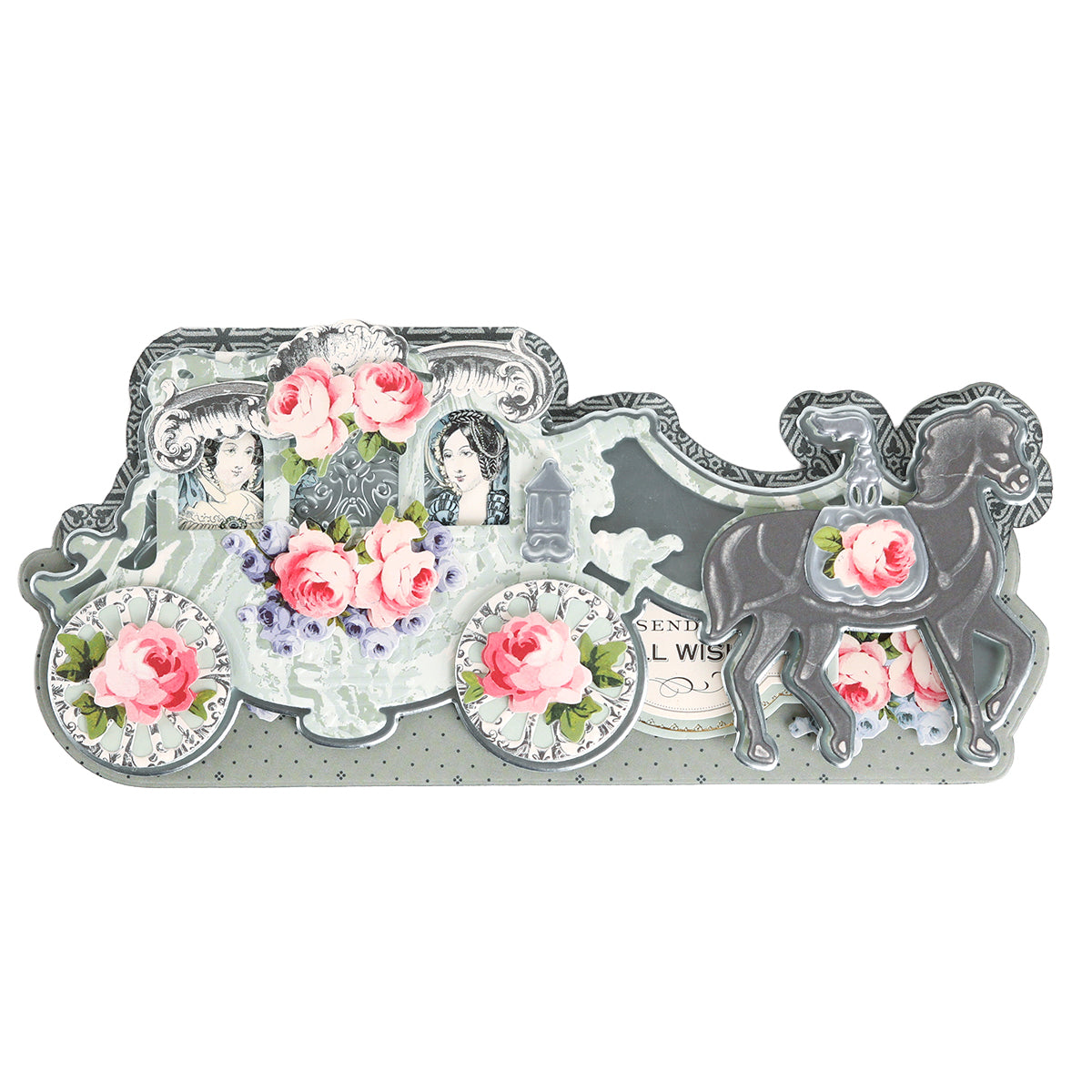Illustration showcasing the Carriage Slimline Easel Card Dies—a vintage horse-drawn carriage adorned with pink roses and portraits, featuring ornate details and muted colors—ideal for wedding card inspiration or to enhance your Carriage Slimline Easel Card Dies collection.