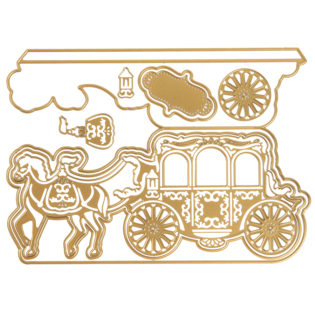 Gold die-cut sheet featuring a decorative horse-drawn carriage, horse, wheels, and intricate details—perfect for crafting or scrapbooking. Designed to coordinate with the Carriage Slimline Easel Card Dies set, this elegant embellishment adds vintage charm to wedding card making projects.