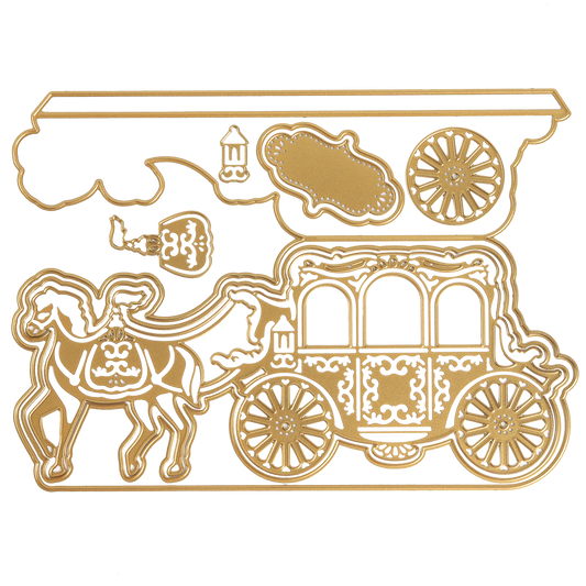 Gold die-cut sheet featuring a decorative horse-drawn carriage, horse, wheels, and intricate details—perfect for crafting or scrapbooking. Designed to coordinate with the Carriage Slimline Easel Card Dies set, this elegant embellishment adds vintage charm to wedding card making projects.