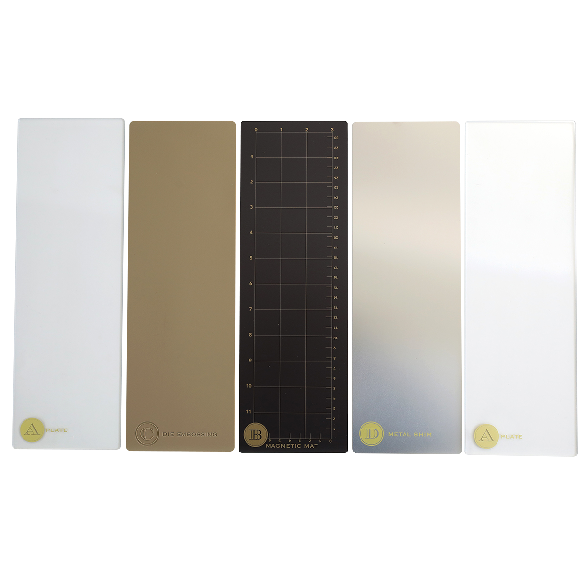 The Empress Mini 13" Full Plate Set features five rectangular embossing plates in various colors and markings, with the center plate showcasing a black grid and labeled sections.