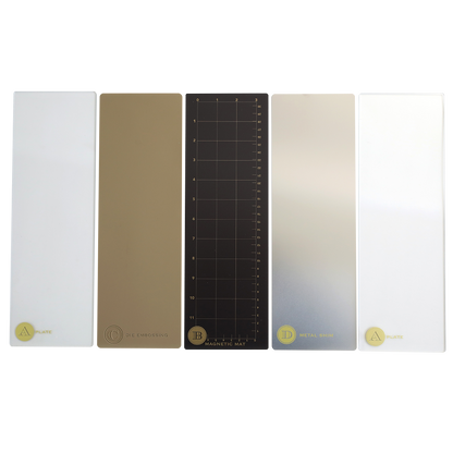 The Empress Mini 13" Full Plate Set features five rectangular embossing plates in various colors and markings, with the center plate showcasing a black grid and labeled sections.