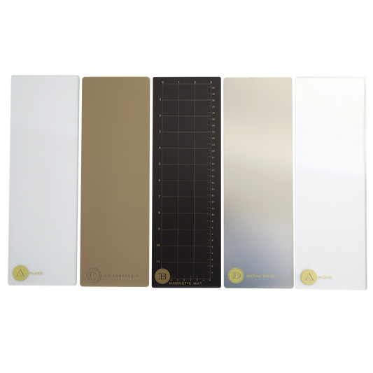 The Empress Mini 13" Full Plate Set features five rectangular embossing plates in various colors and markings, with the center plate showcasing a black grid and labeled sections.