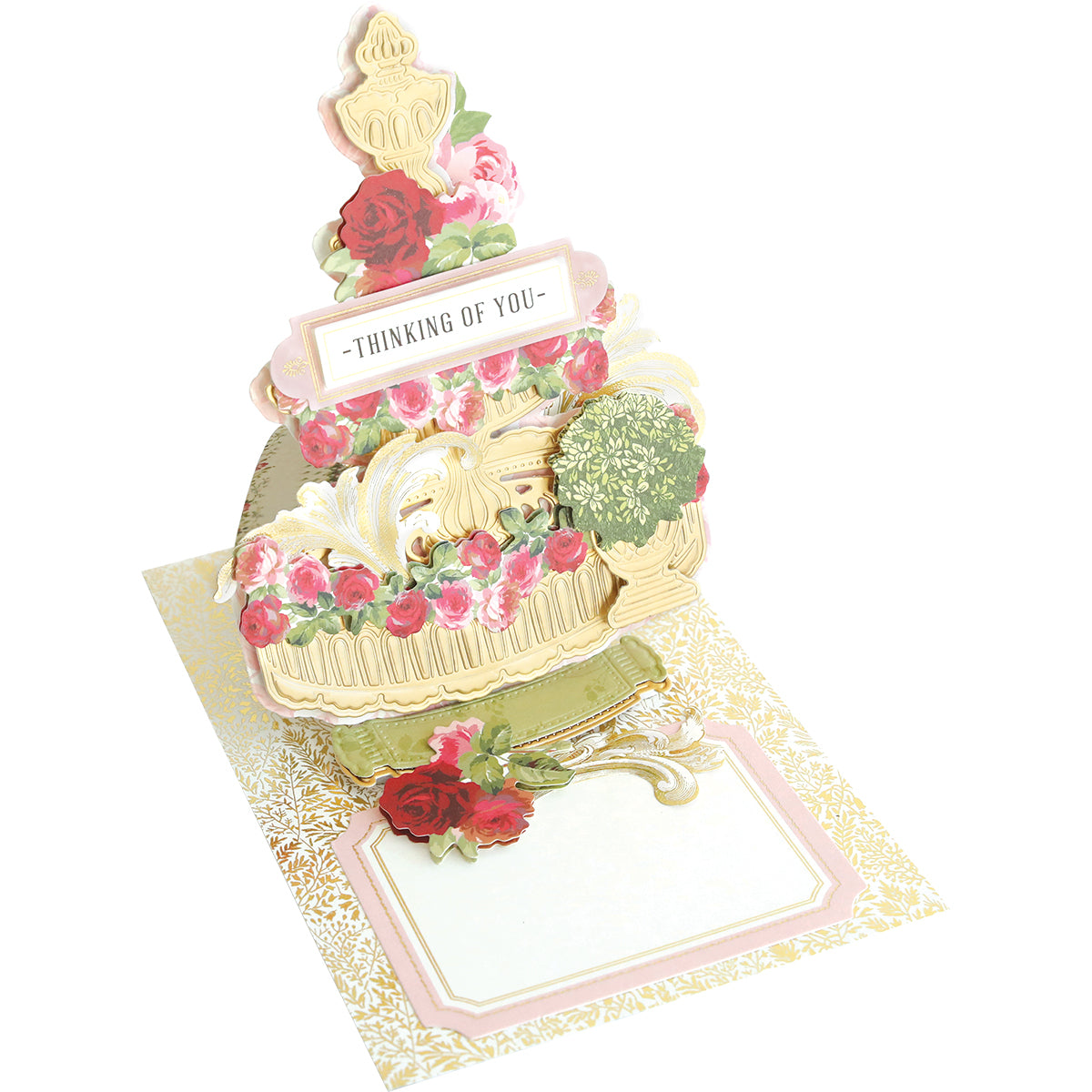 A pop up card featuring a cake and flowers, adorned with Garden Fountain 3D Easel Dies.