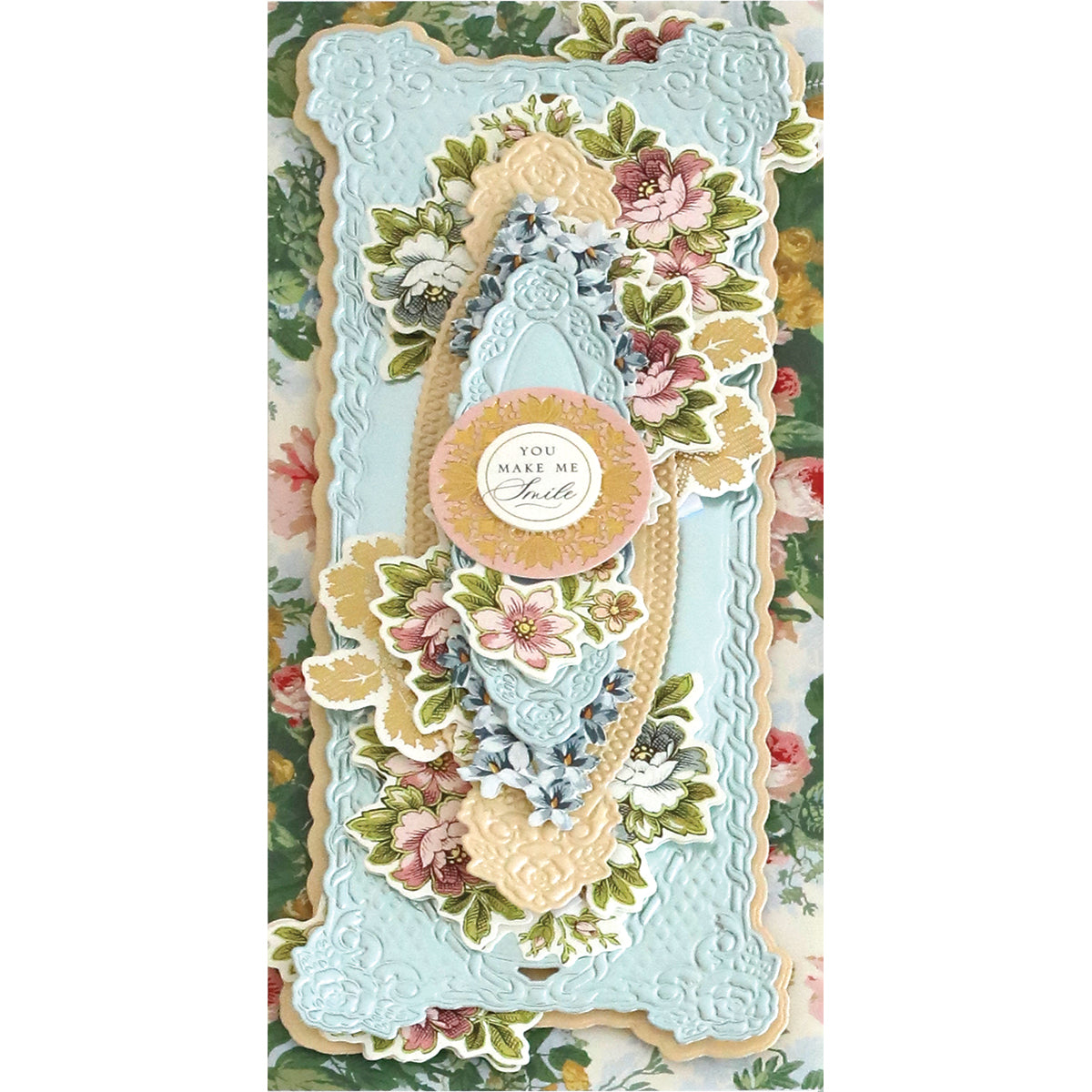 A card featuring a beautiful floral design made using Anna Griffin's 3D Rose Slimline Concentric Frame Dies, perfect for card making enthusiasts.