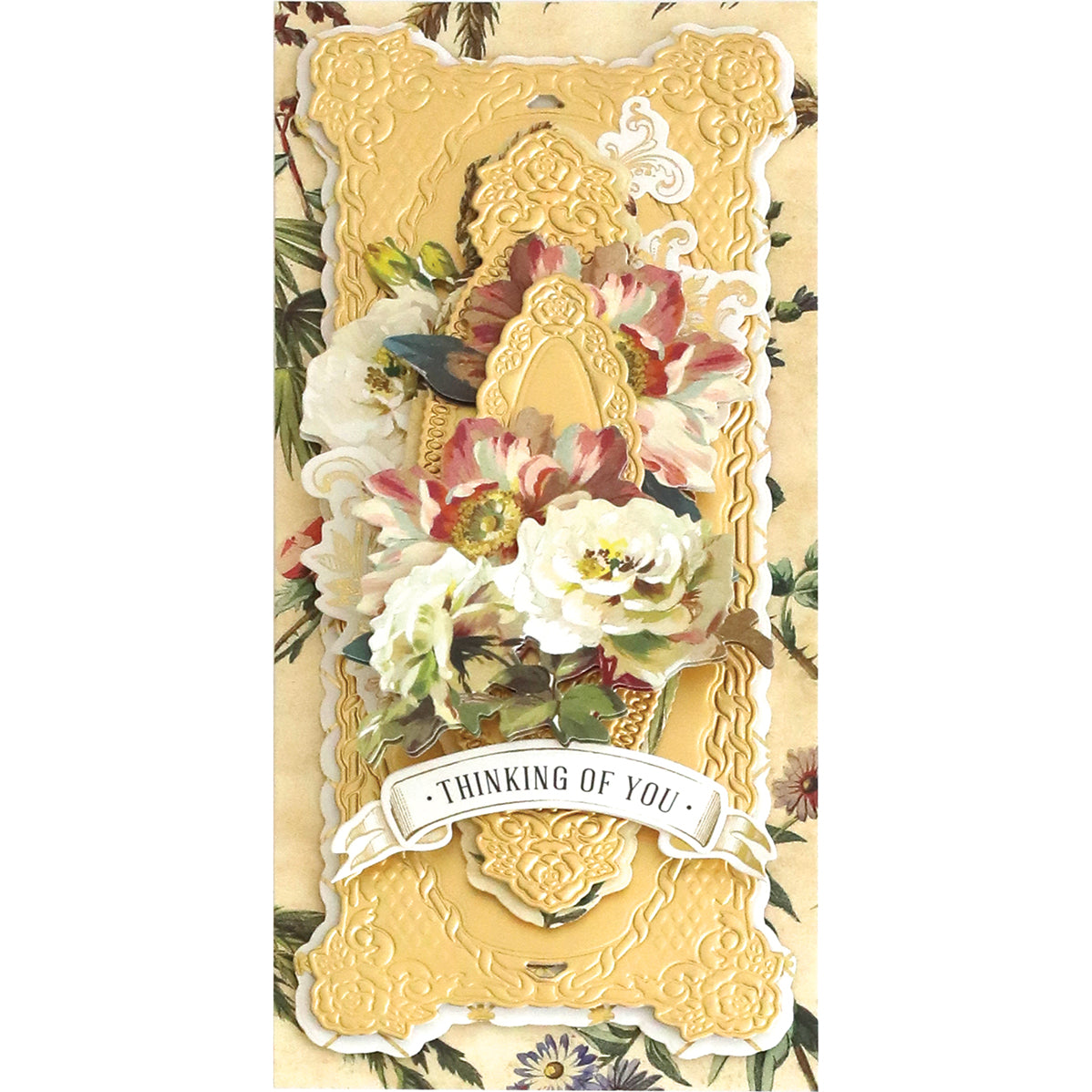 A beautiful floral card featuring the Anna Griffin 3D Rose Slimline Concentric Frame Dies and the heartfelt message "thinking of you." Perfect for card making enthusiasts.