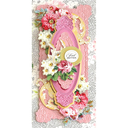A floral card made using Anna Griffin's 3D Rose Slimline Concentric Frame Dies for card making, featuring a beautiful pink and white color scheme.