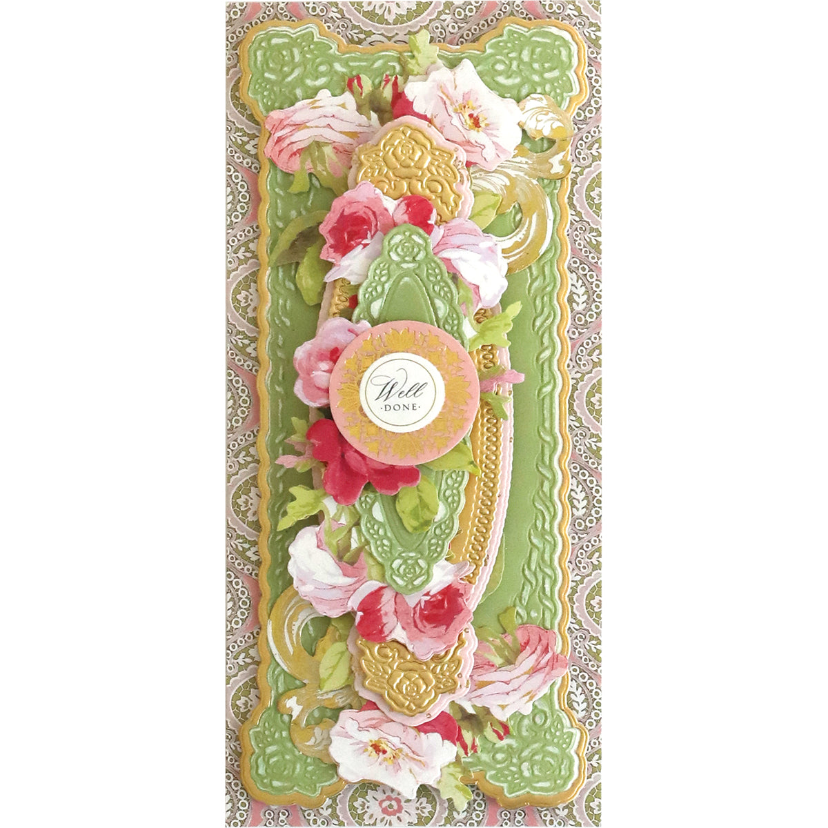 A floral card with green and pink hues, made using 3D Rose Slimline Concentric Frame Dies technology for card making by Anna Griffin.